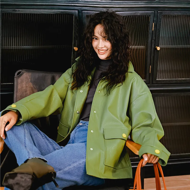 8GIRLS DESIGN BELTED FAUX LEATHER JACKET IN GREEN