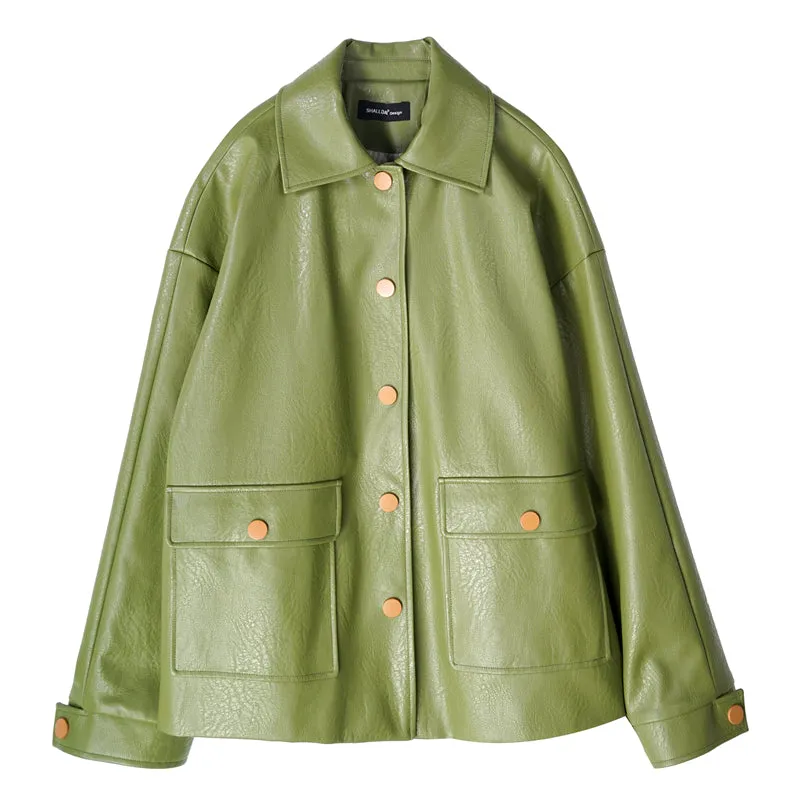 8GIRLS DESIGN BELTED FAUX LEATHER JACKET IN GREEN