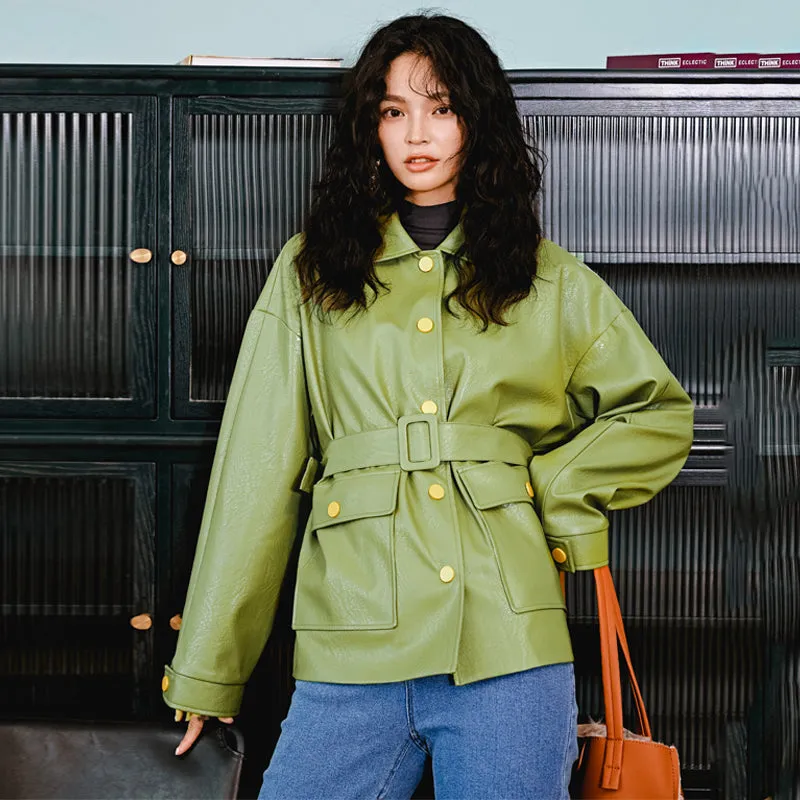 8GIRLS DESIGN BELTED FAUX LEATHER JACKET IN GREEN