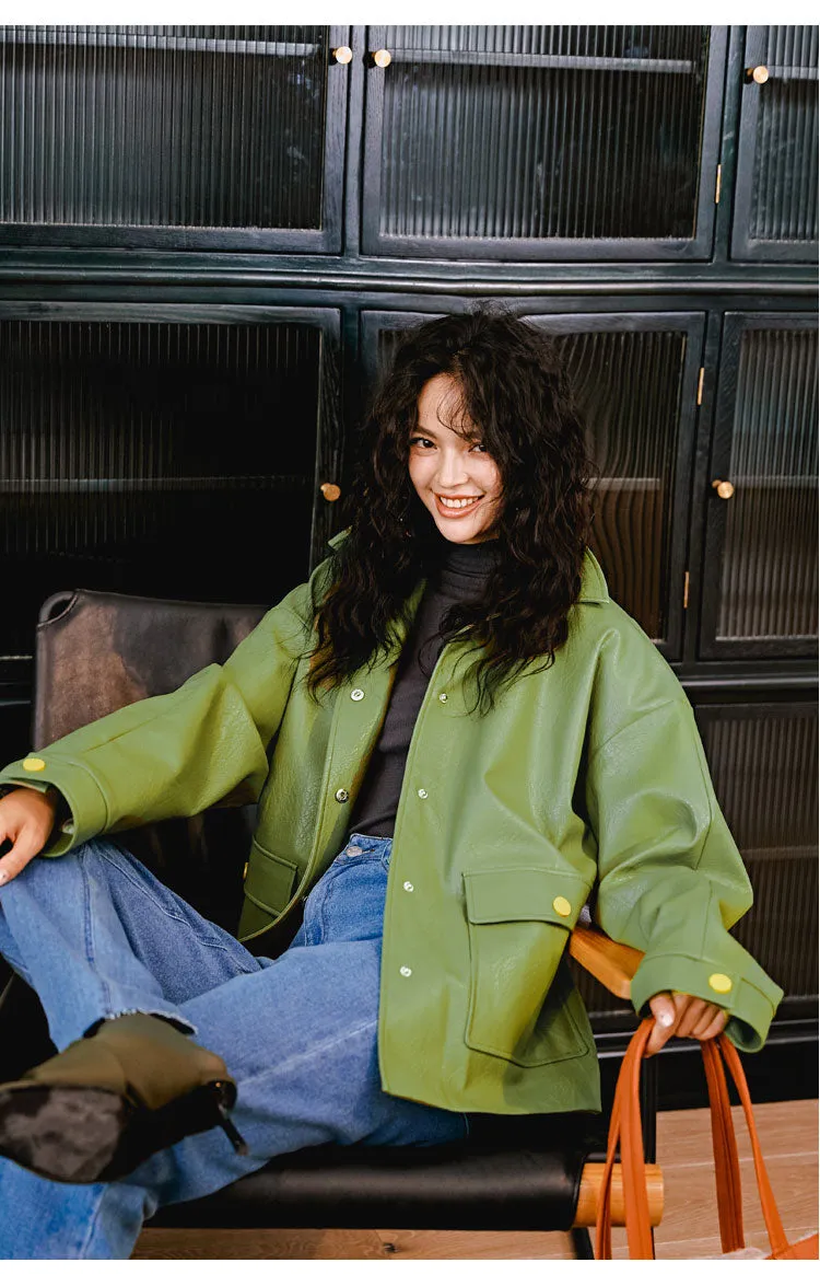 8GIRLS DESIGN BELTED FAUX LEATHER JACKET IN GREEN