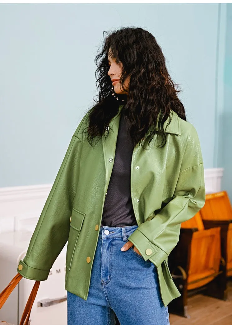 8GIRLS DESIGN BELTED FAUX LEATHER JACKET IN GREEN