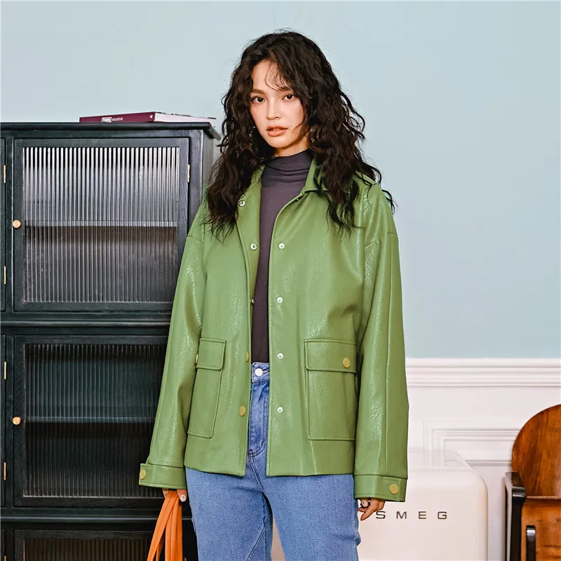8GIRLS DESIGN BELTED FAUX LEATHER JACKET IN GREEN