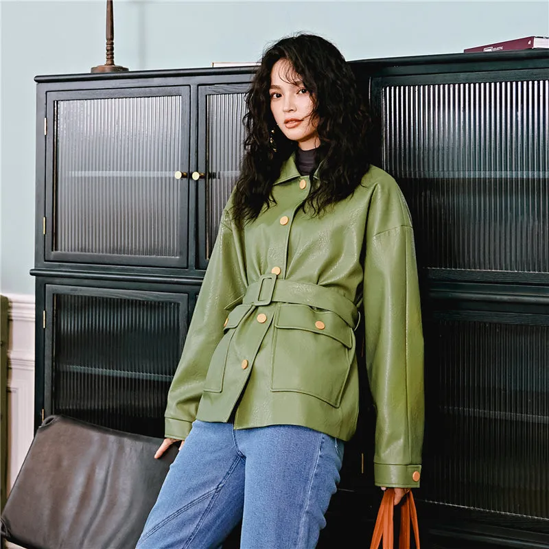 8GIRLS DESIGN BELTED FAUX LEATHER JACKET IN GREEN
