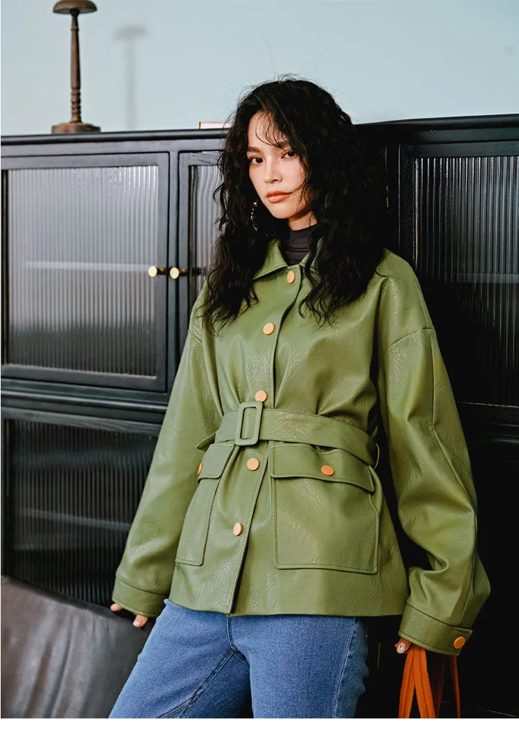 8GIRLS DESIGN BELTED FAUX LEATHER JACKET IN GREEN