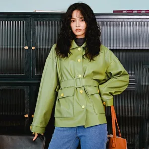 8GIRLS DESIGN BELTED FAUX LEATHER JACKET IN GREEN