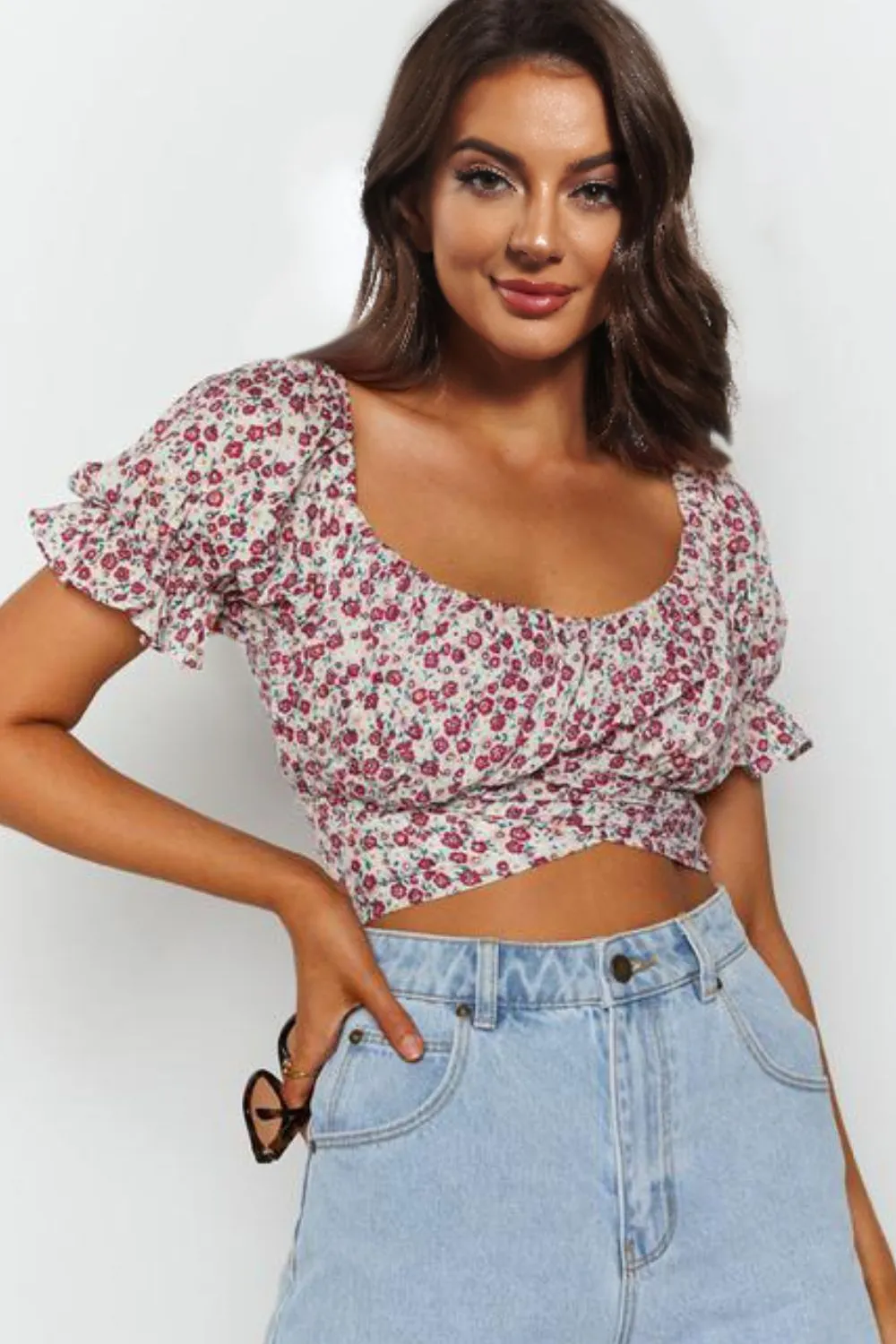 Boho Flower Print Ruffle Trim Off Shoulder Back Tie Crop Blouse