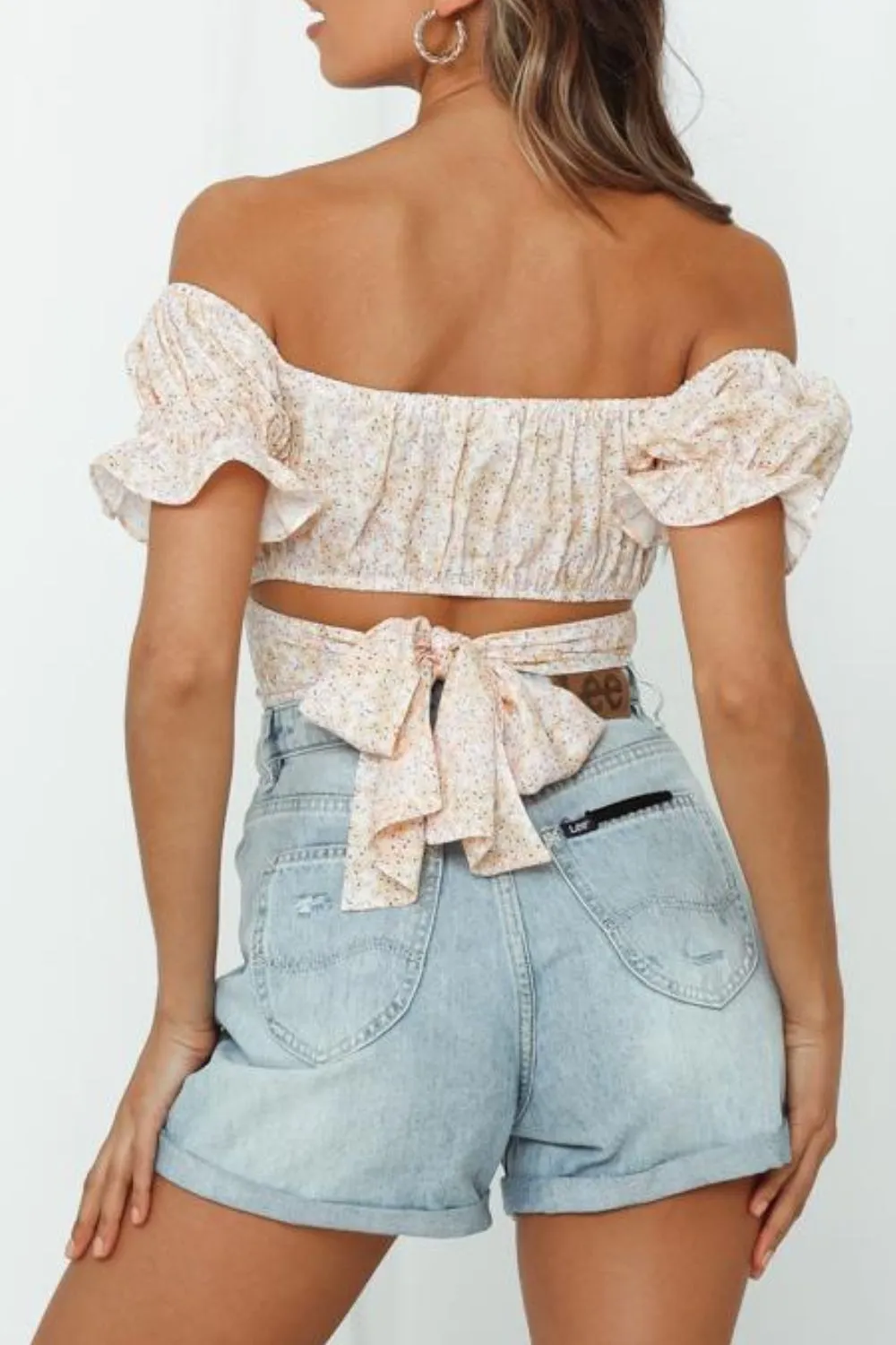 Boho Flower Print Ruffle Trim Off Shoulder Back Tie Crop Blouse
