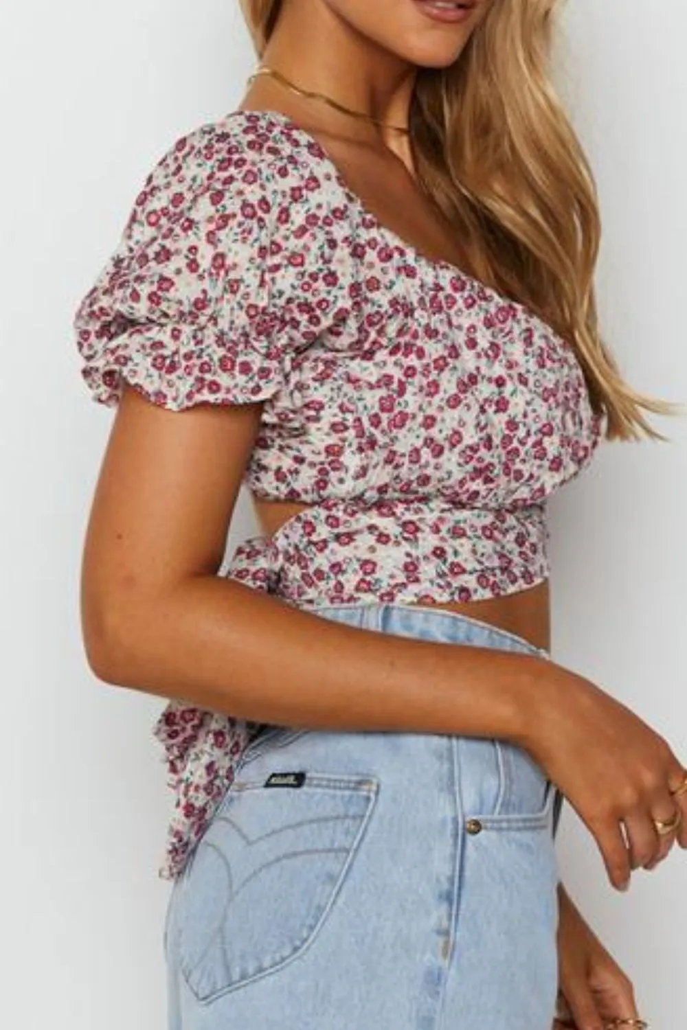 Boho Flower Print Ruffle Trim Off Shoulder Back Tie Crop Blouse