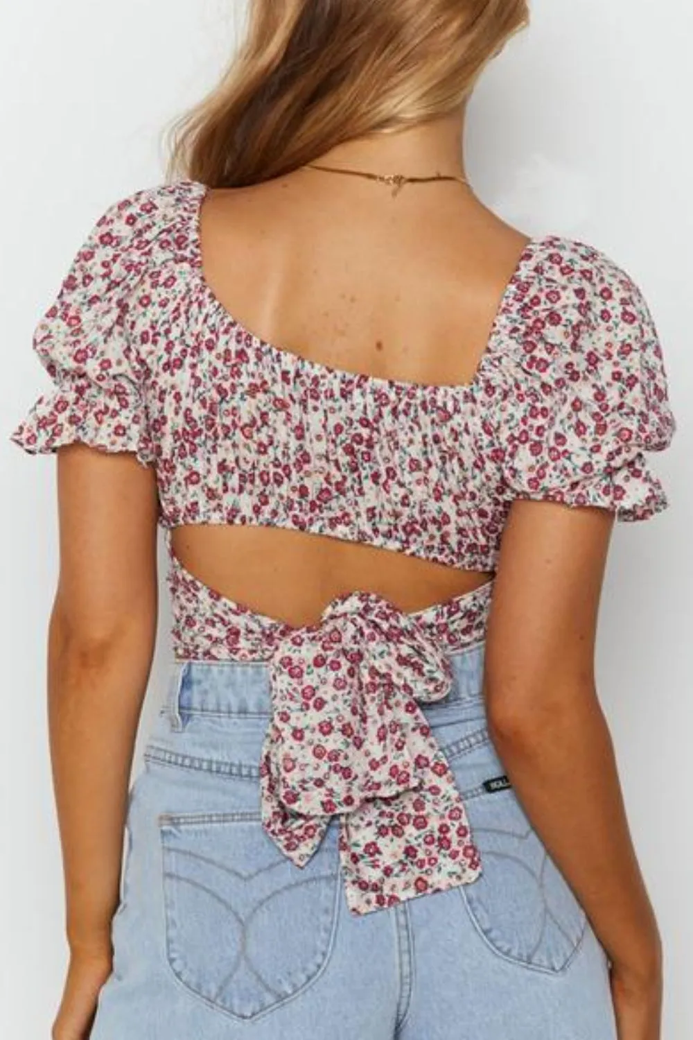Boho Flower Print Ruffle Trim Off Shoulder Back Tie Crop Blouse