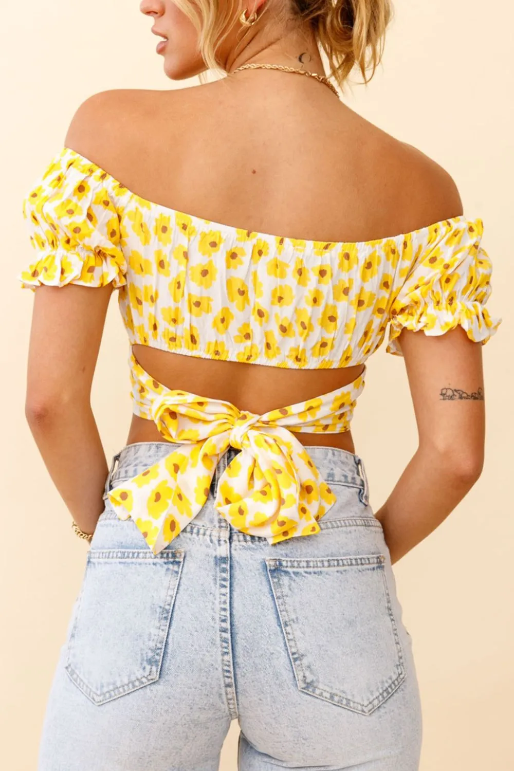 Boho Flower Print Ruffle Trim Off Shoulder Back Tie Crop Blouse