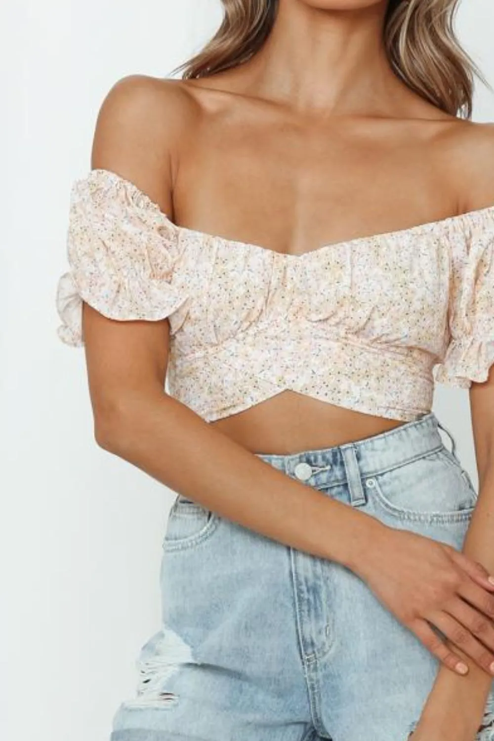 Boho Flower Print Ruffle Trim Off Shoulder Back Tie Crop Blouse