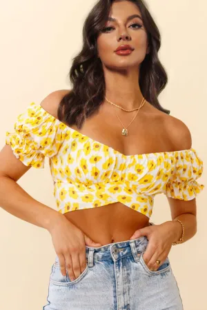Boho Flower Print Ruffle Trim Off Shoulder Back Tie Crop Blouse