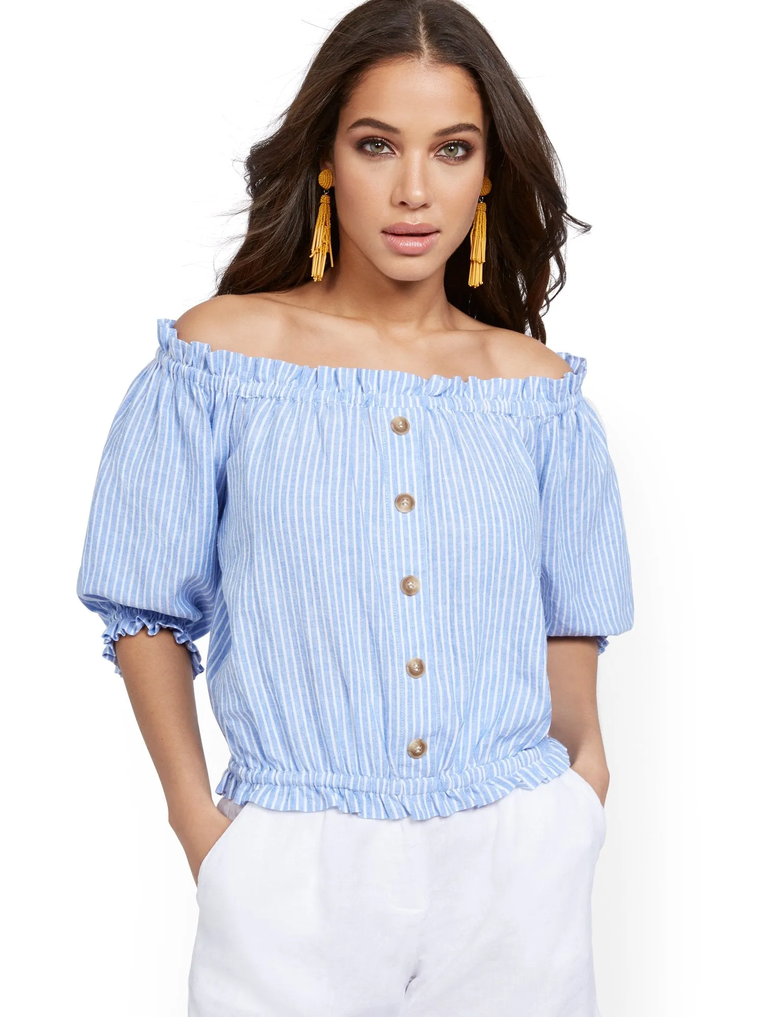 Button-Front Off-The-Shoulder Top