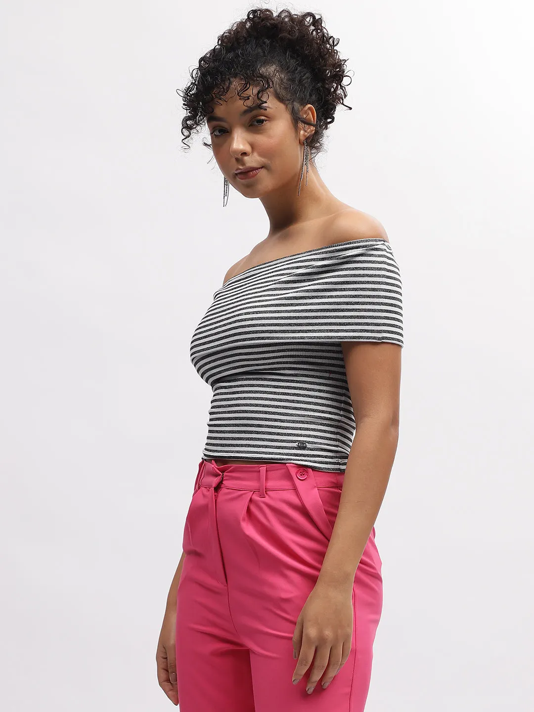 Elle Women Black Striped Off Shoulder Short Sleeves Top