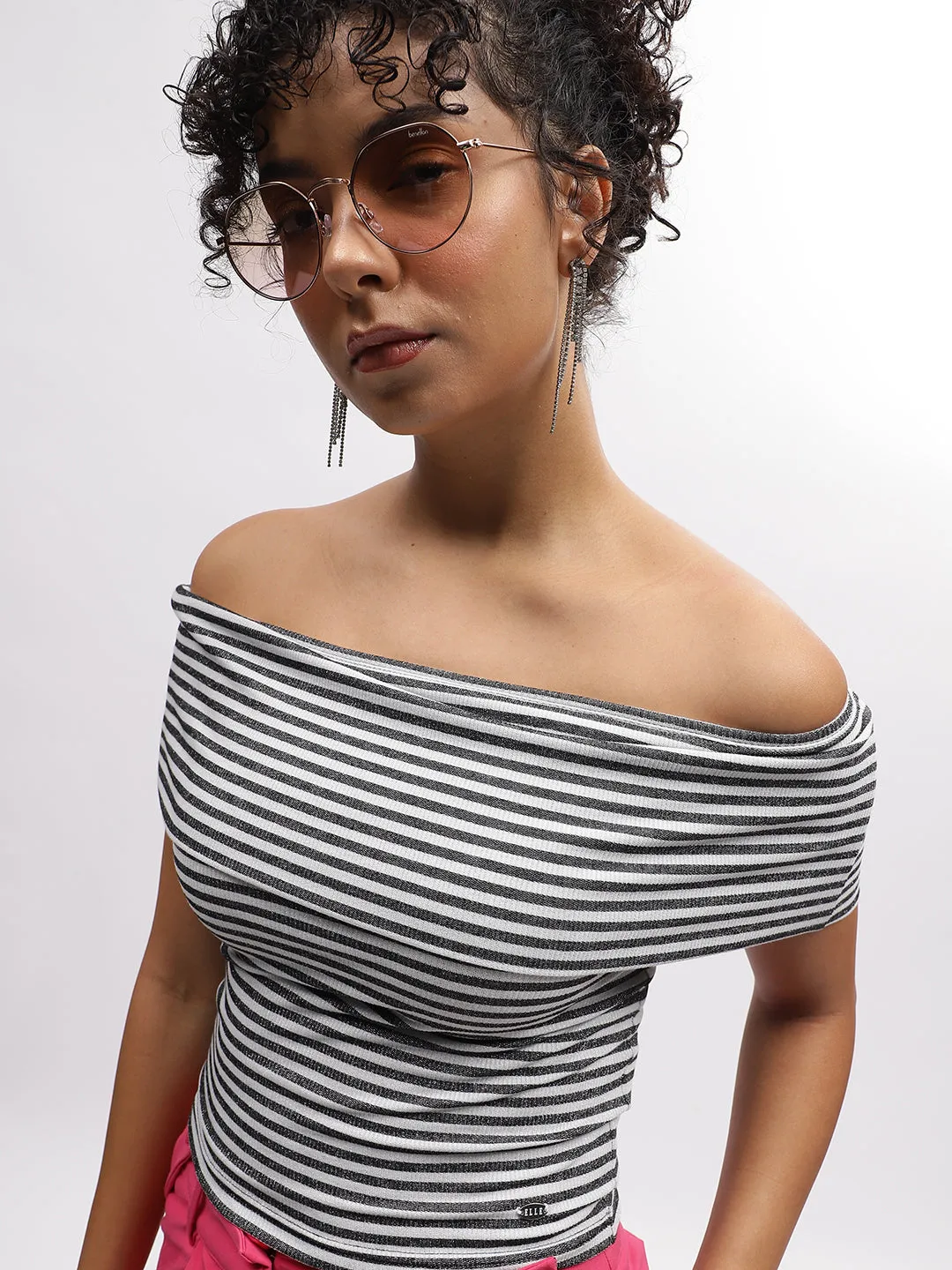 Elle Women Black Striped Off Shoulder Short Sleeves Top
