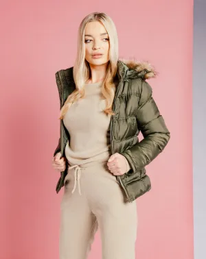 Faux Fur Hood Puffer Jacket - Khaki