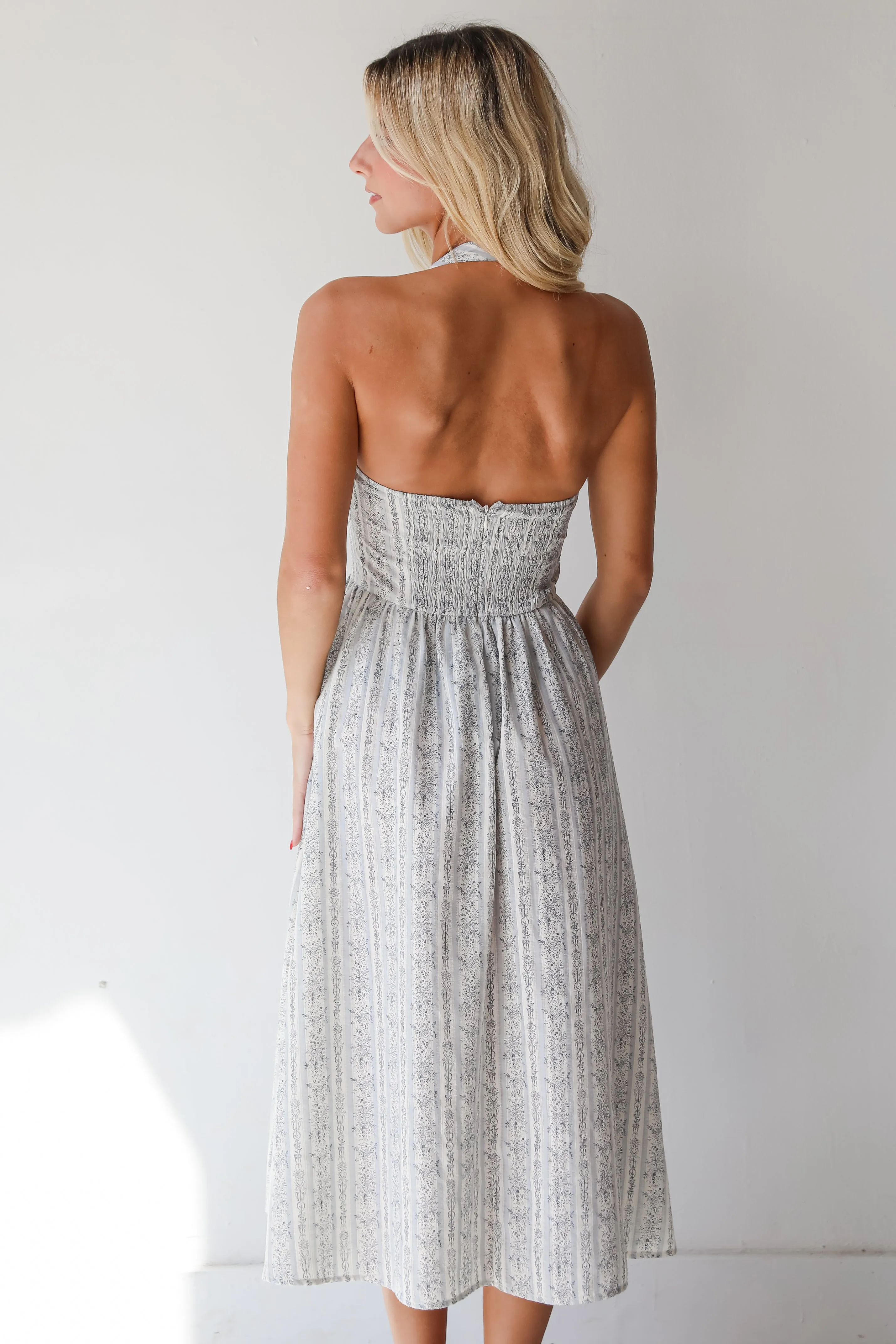 FINAL SALE - Breezy Composure Blue Striped Floral Halter Midi Dress