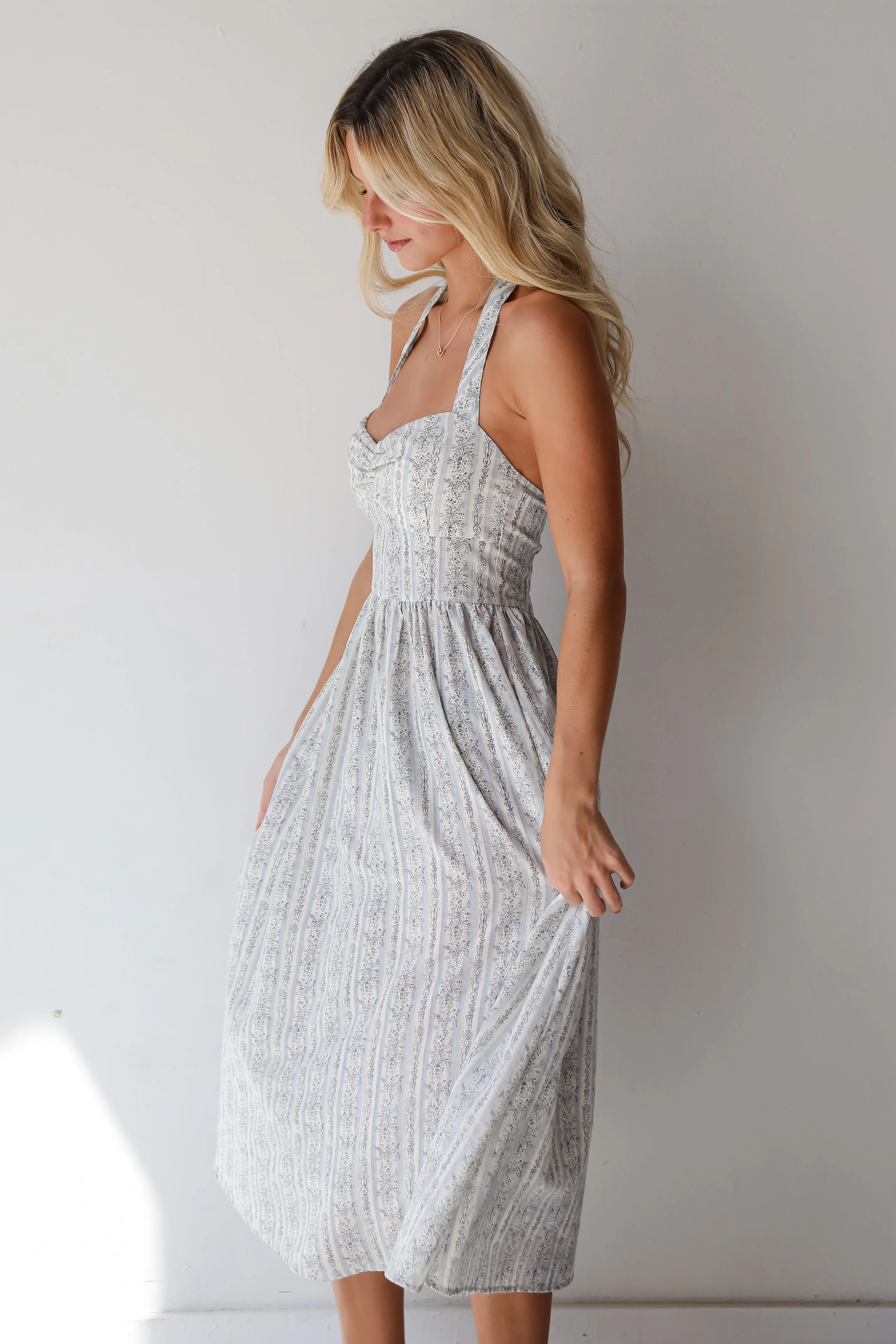 FINAL SALE - Breezy Composure Blue Striped Floral Halter Midi Dress