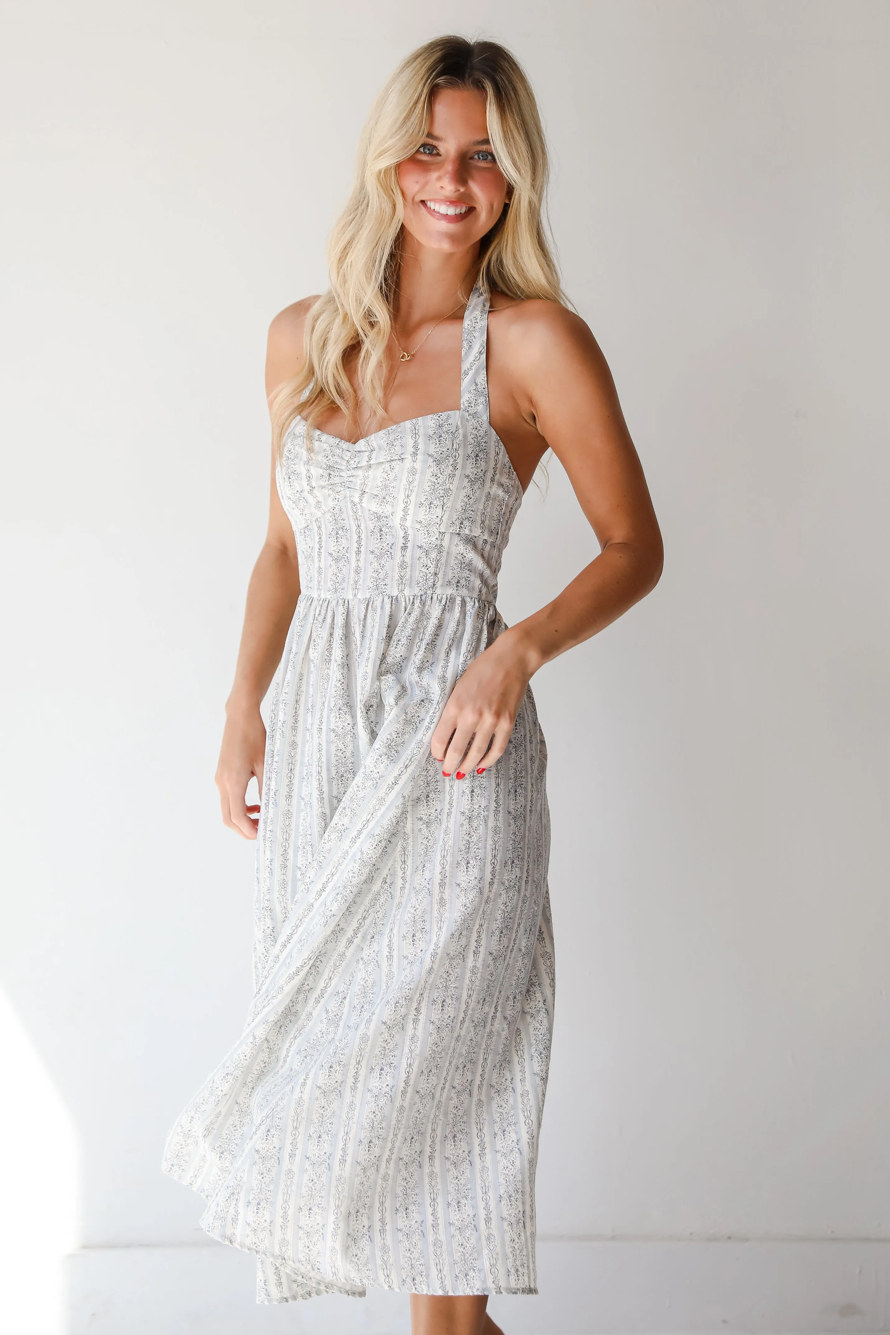 FINAL SALE - Breezy Composure Blue Striped Floral Halter Midi Dress