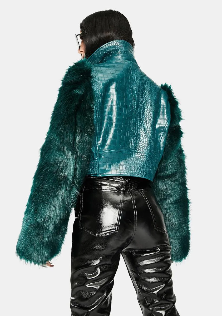 Green Nolla Faux Fur Croc Moto Jacket
