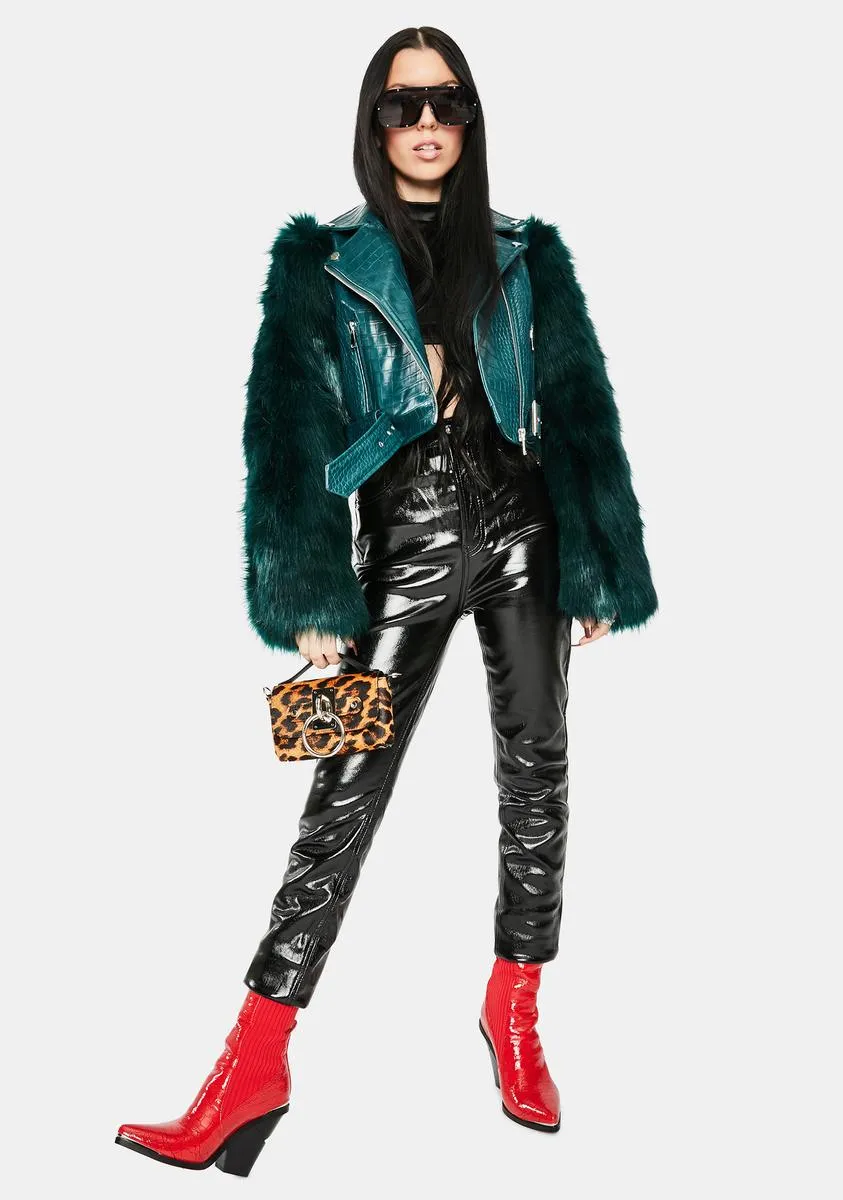 Green Nolla Faux Fur Croc Moto Jacket