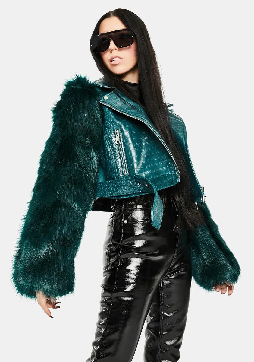 Green Nolla Faux Fur Croc Moto Jacket