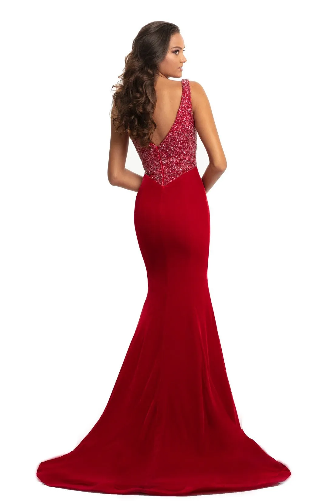 Johnathan Kayne 9019 size 16 Fitted Velvet Mermaid Pageant Dress Plunging Neck Crystal Bodice