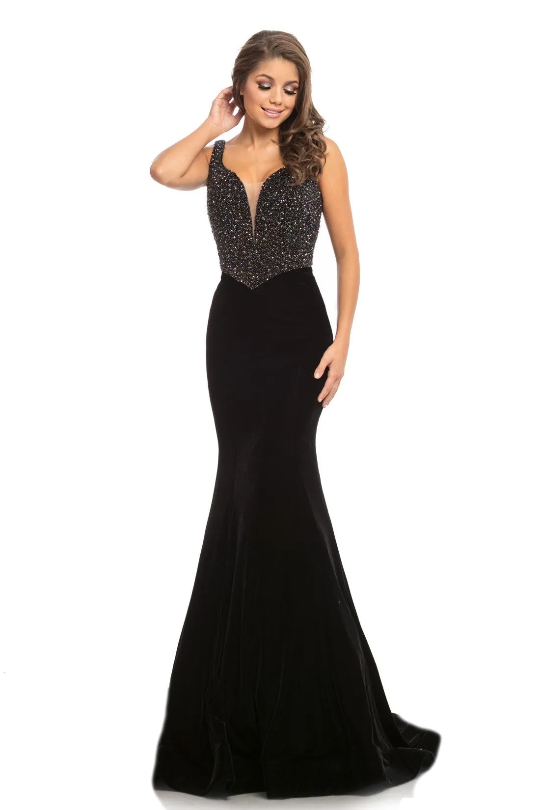 Johnathan Kayne 9019 size 16 Fitted Velvet Mermaid Pageant Dress Plunging Neck Crystal Bodice