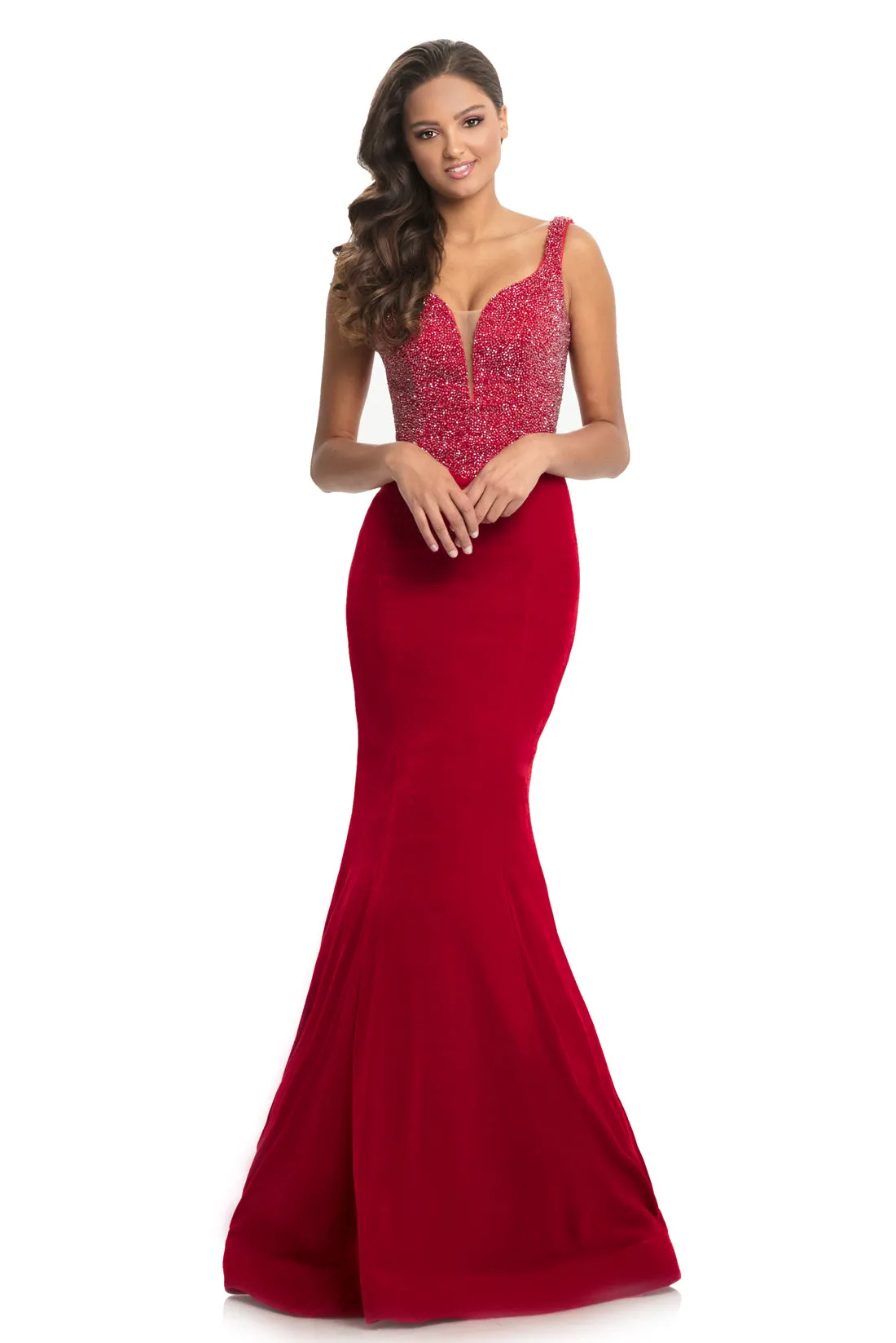 Johnathan Kayne 9019 size 16 Fitted Velvet Mermaid Pageant Dress Plunging Neck Crystal Bodice