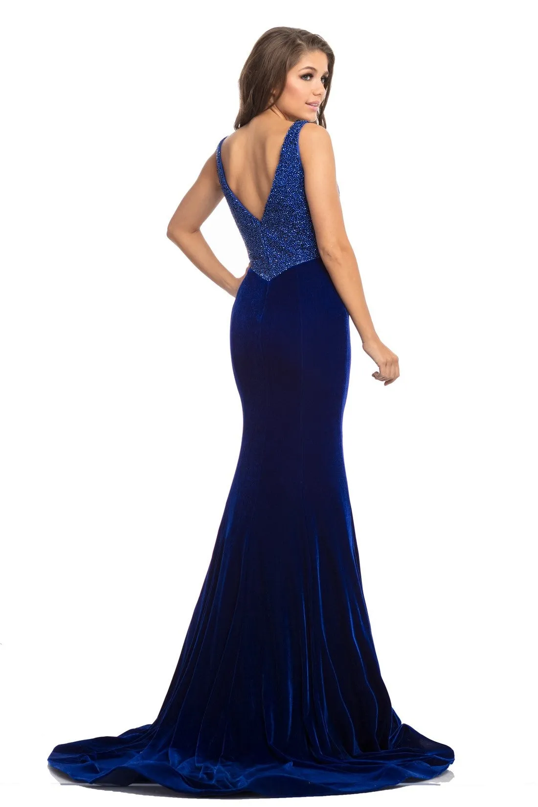Johnathan Kayne 9019 size 16 Fitted Velvet Mermaid Pageant Dress Plunging Neck Crystal Bodice
