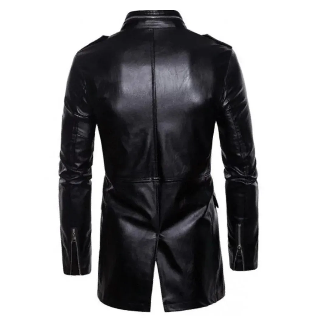 Mens Edgy Genuine Sheepskin Black Leather Long Trench Coat