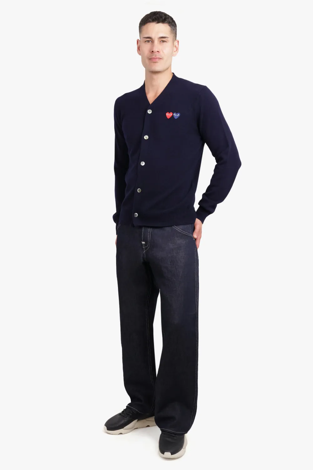 PLAY MENS V-NECK DOUBLE HEART CARDIGAN | NAVY/RED&BLUE HEARTS
