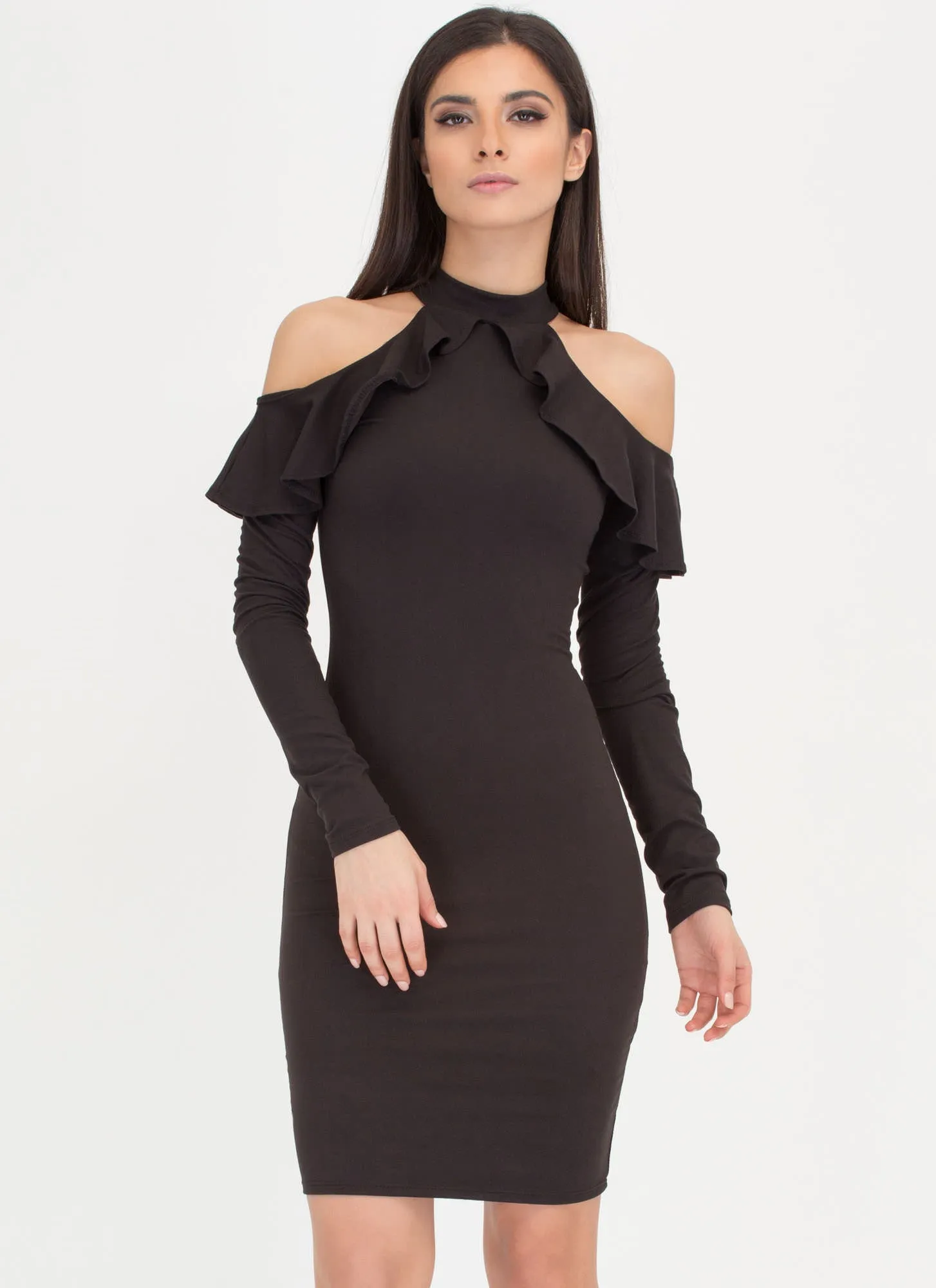 Vintage Chic Ruffled Cold Shoulder Dress