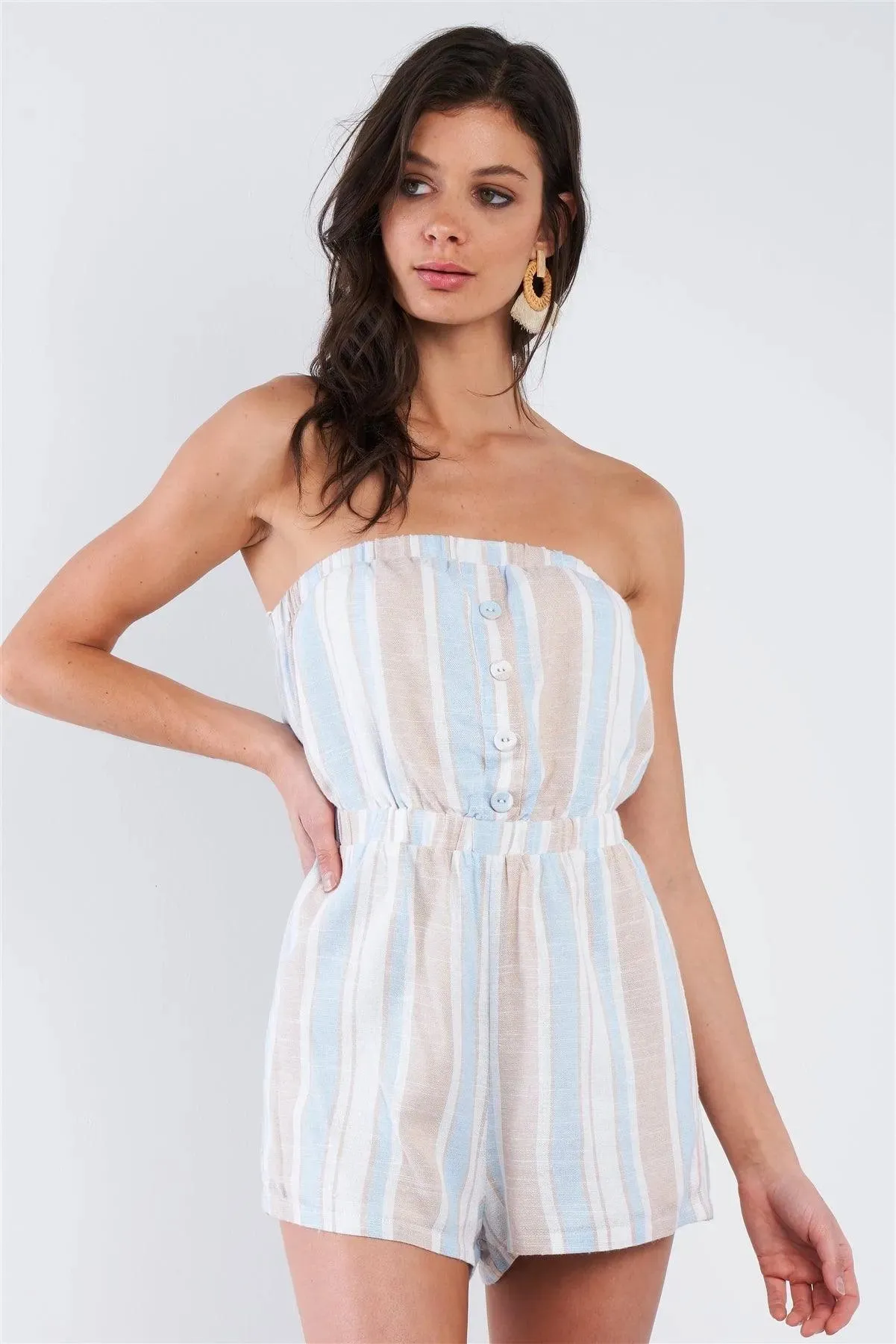 White Light Blue Taupe Tube Top Mini Short Romper