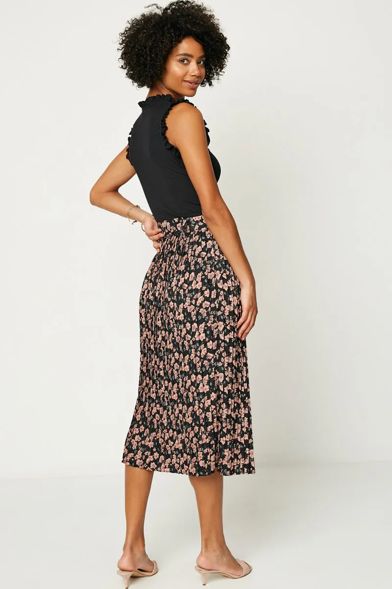 Womens Floral Pleated Midi Skirt